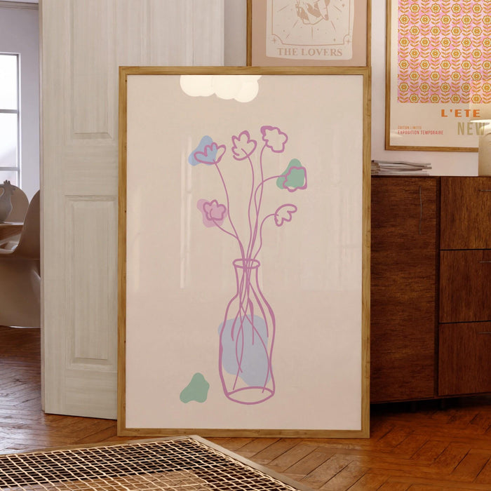 Pink blue bouquet of flowers floral abstract digital download girls bedroom printable dorm decor gift idea cute minimalist wall art 1 print