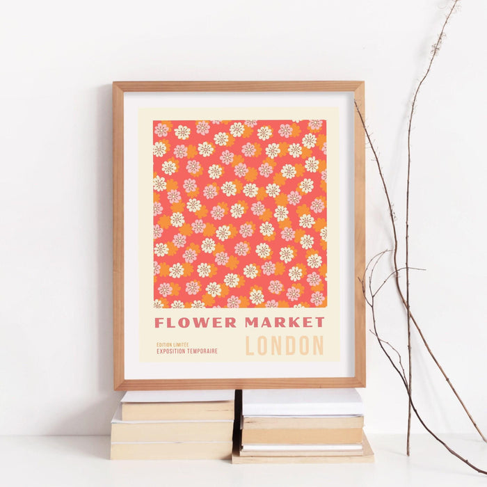 Orange flower market digital download print, 70s style poster, 60s flower print, pink orange decor, dork room wall art, printable art