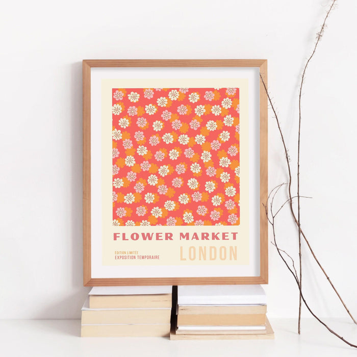 Orange flower market digital download print, 70s style poster, 60s flower print, pink orange decor, dork room wall art, printable art