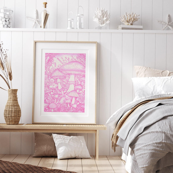 Mushrooms, trendy retro pink wall art mushrooms, retro trendy aesthetic print pink white wall decor trendy art minimalistic printable poster