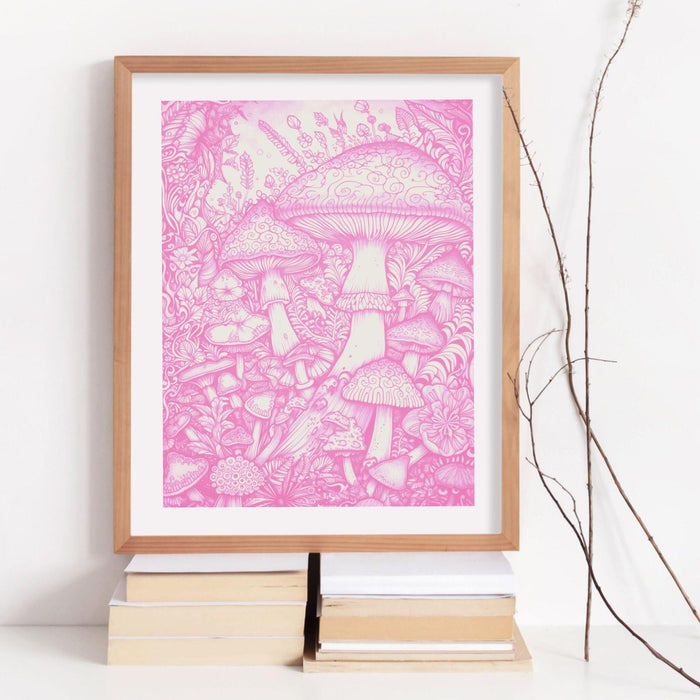 Mushrooms, trendy retro pink wall art mushrooms, retro trendy aesthetic print pink white wall decor trendy art minimalistic printable poster