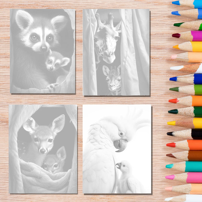 Mother love animals | printable adult grayscale colouring book pages | set of 20 printable coloring in pages instant digital download pdf