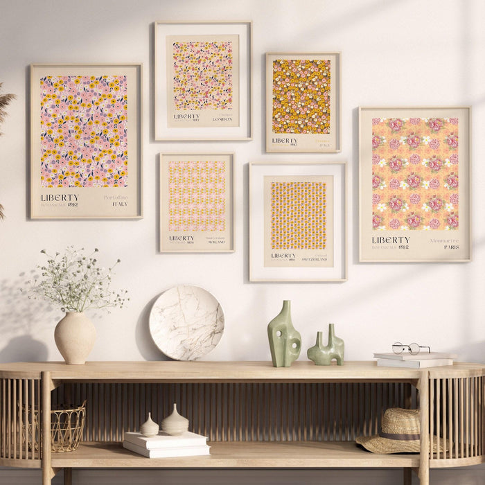 Liberty of london, flower market digital download, 70s style poster, 60s flower print, orange pink decor, liberty print, printable set of 6