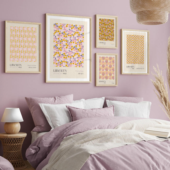 Liberty of london, flower market digital download, 70s style poster, 60s flower print, orange pink decor, liberty print, printable set of 6