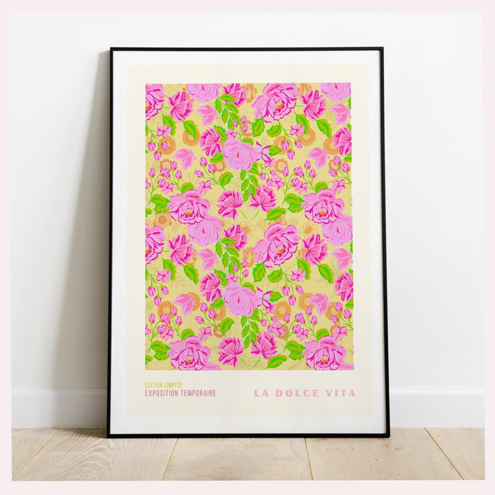 La dolce vita, liberty print digital download, 50s style poster, 60s flower print, pink orange decor, exhibition print, pink printable art