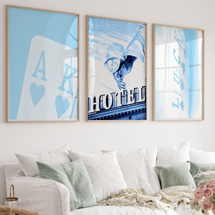 Heartbreak hotel trendy retro wall art set of 3, retro trendy aesthetic print,lucky you poster, blue print,trendy wall art,funny digital art