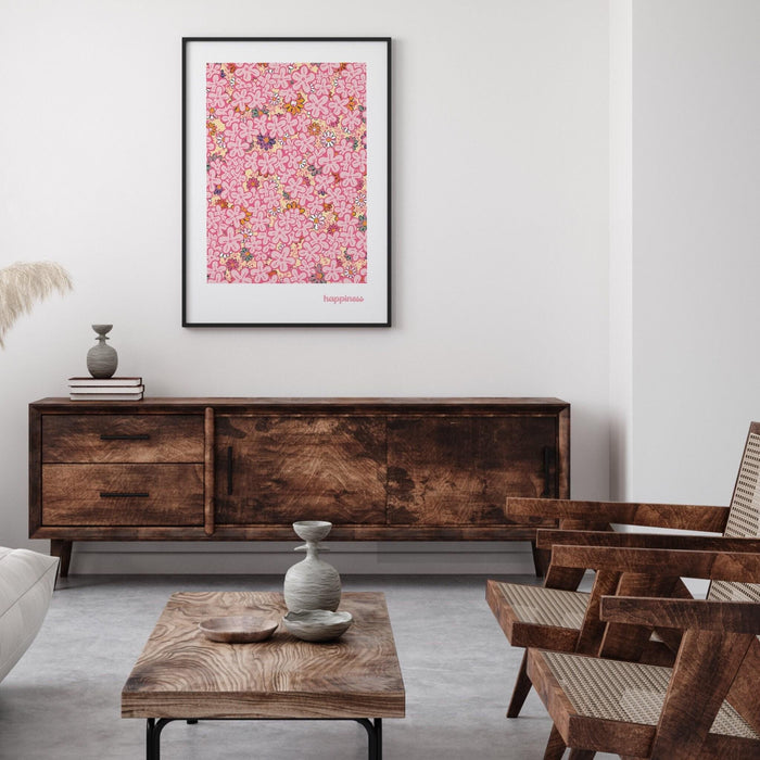 Happiness, pink print, orange flower market digital download print, 70s style poster, pink orange decor, dork room wall art, printable art,