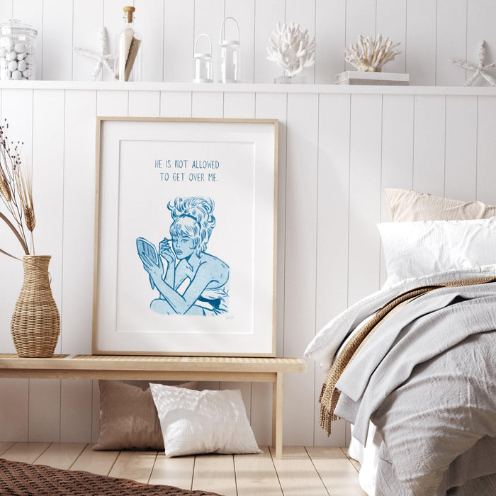 He is not allowed to get over me - funny valentines retro poster, blue wall decor, breakup gift, digital download, girly dorm room art