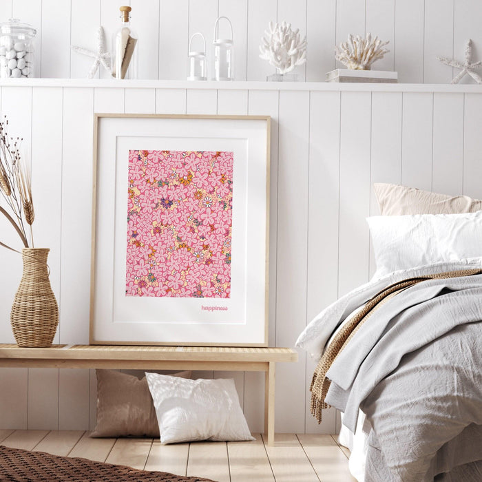 Happiness, pink print, orange flower market digital download print, 70s style poster, pink orange decor, dork room wall art, printable art,