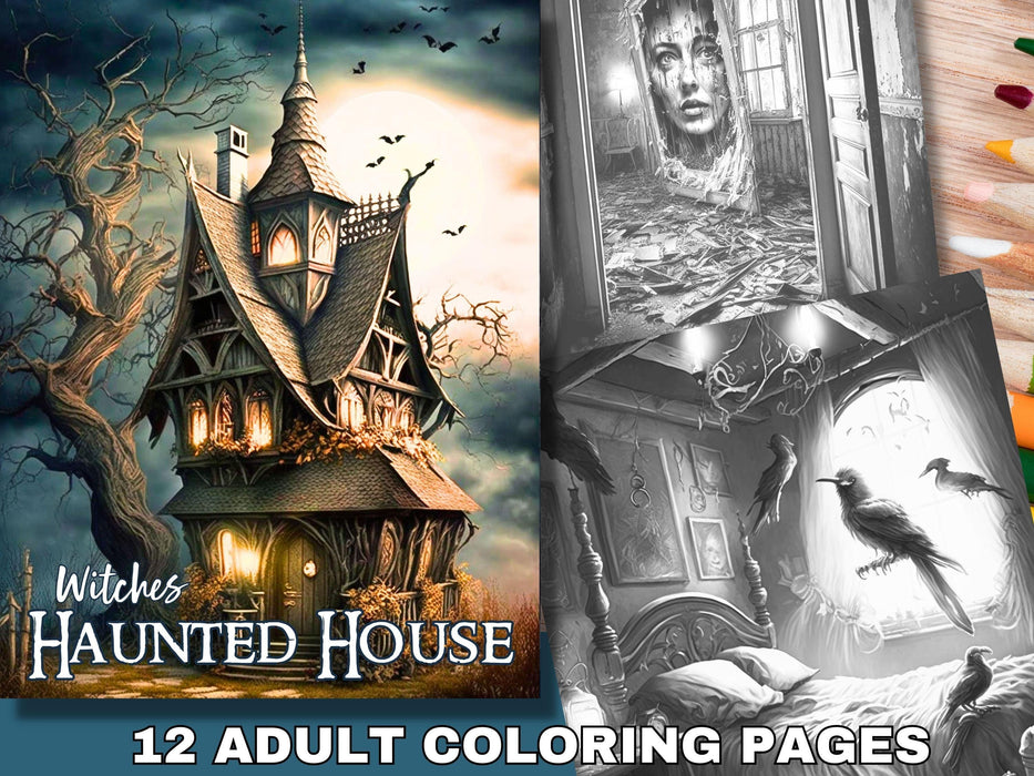 Haunted house set of 12 adult coloring pages, witches magic fantasy coloring book witch spell potions digital download grayscale printable