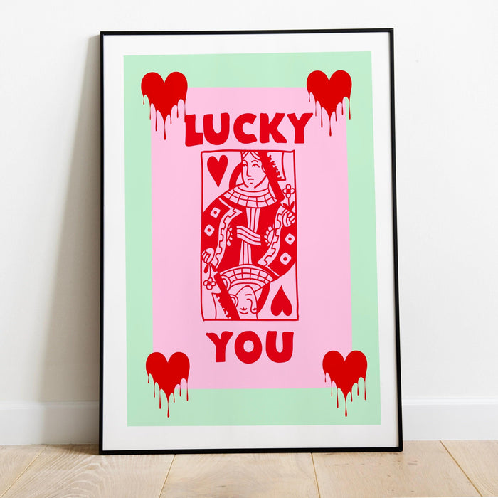 Green retro trendy aesthetic wall art, trendy retro wall print | preppy wall art | preppy pink poster | retro dorm decor, lucky you, preppy