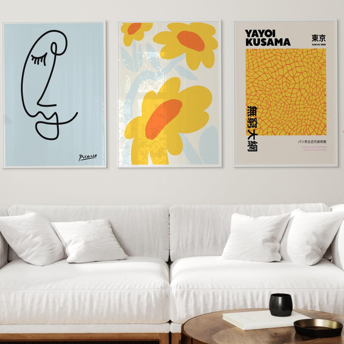 Gallery wall set of 3 prints,picasso print, flower market print,yayoi kusama poster,matisse cut out,trendy wall art,digital download,orange