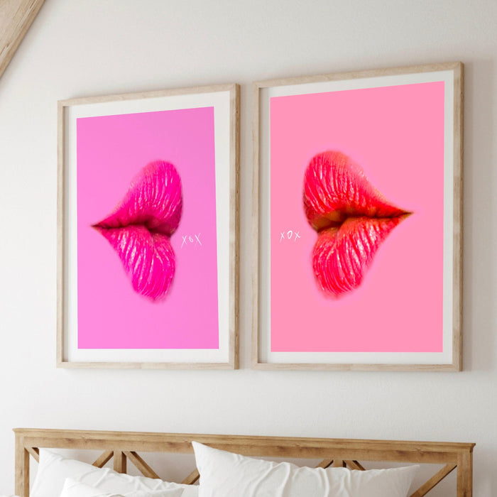 Gallery wall art set of 3 prints, pink prints, pink lips wall decor, maximalist wall decor, pink orange wall art, digital  download,