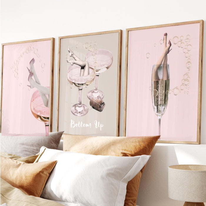 Funky female champagne set of 6, retro vintage print, trendy wall art, vintage bar printable, girly cocktail print, digital dorm room decor