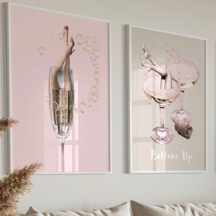 Funky female champagne set of 6, retro vintage print, trendy wall art, vintage bar printable, girly cocktail print, digital dorm room decor