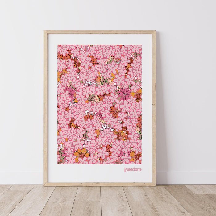 Freedom, pink prints, orange flower market digital download print, 70s style poster, pink orange decor, dork room wall art, printable art,