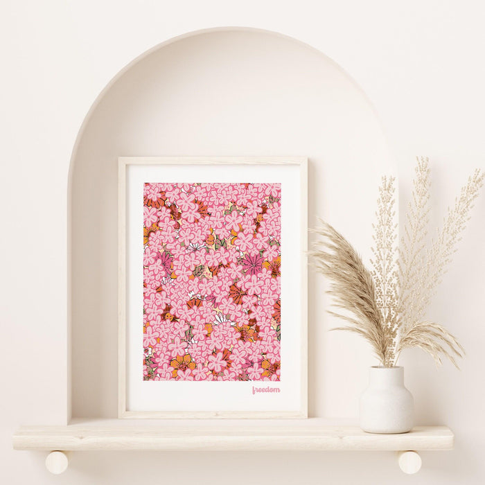 Freedom, pink prints, orange flower market digital download print, 70s style poster, pink orange decor, dork room wall art, printable art,