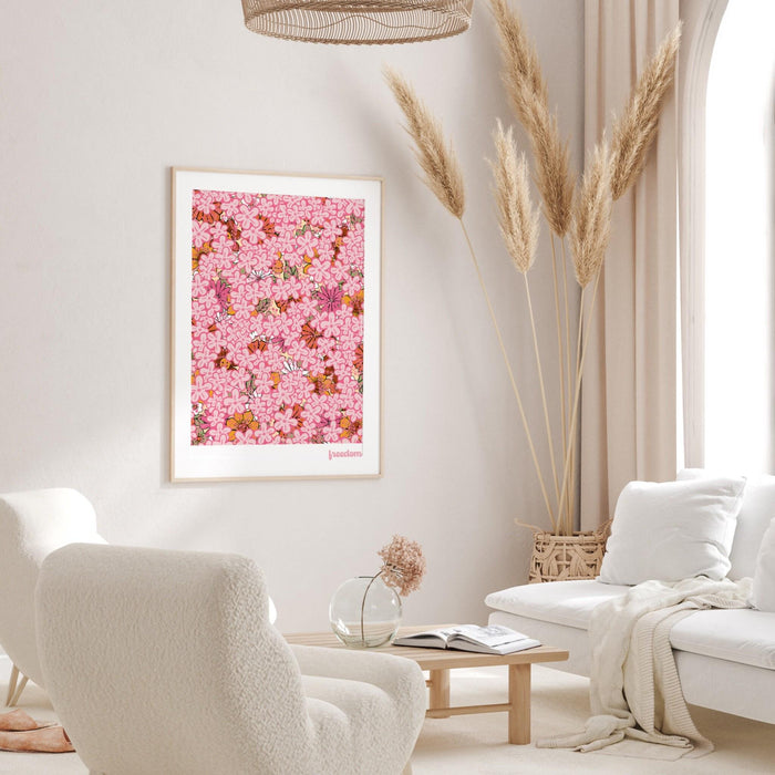 Freedom, pink prints, orange flower market digital download print, 70s style poster, pink orange decor, dork room wall art, printable art,