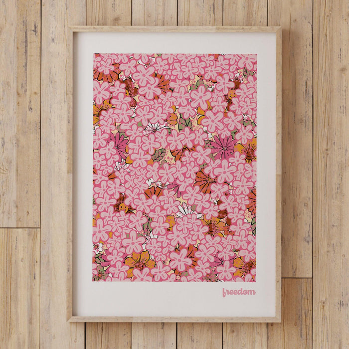 Freedom, pink prints, orange flower market digital download print, 70s style poster, pink orange decor, dork room wall art, printable art,