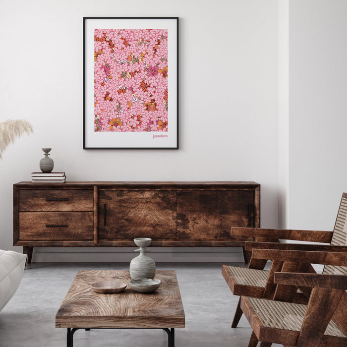 Freedom, pink prints, orange flower market digital download print, 70s style poster, pink orange decor, dork room wall art, printable art,