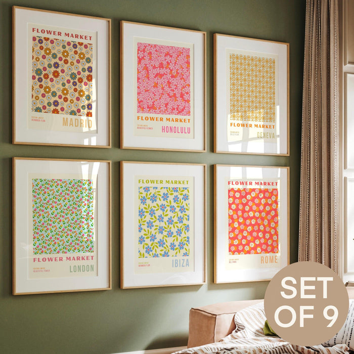 Flower wall art set of 9, trendy retro print, colorful boho poster, floral city decor, bohohome flower prints, digital floral design