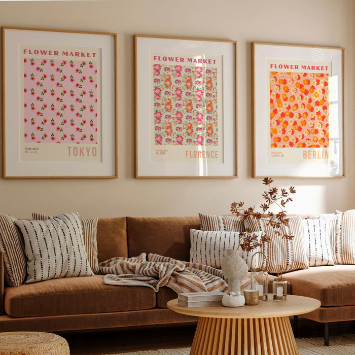 Flower wall art set of 9, trendy retro print, colorful boho poster, floral city decor, bohohome flower prints, large print, flower print