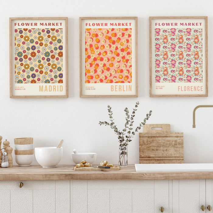 Flower wall art set of 9, trendy retro print, colorful boho poster, floral city decor, bohohome flower prints, digital floral design
