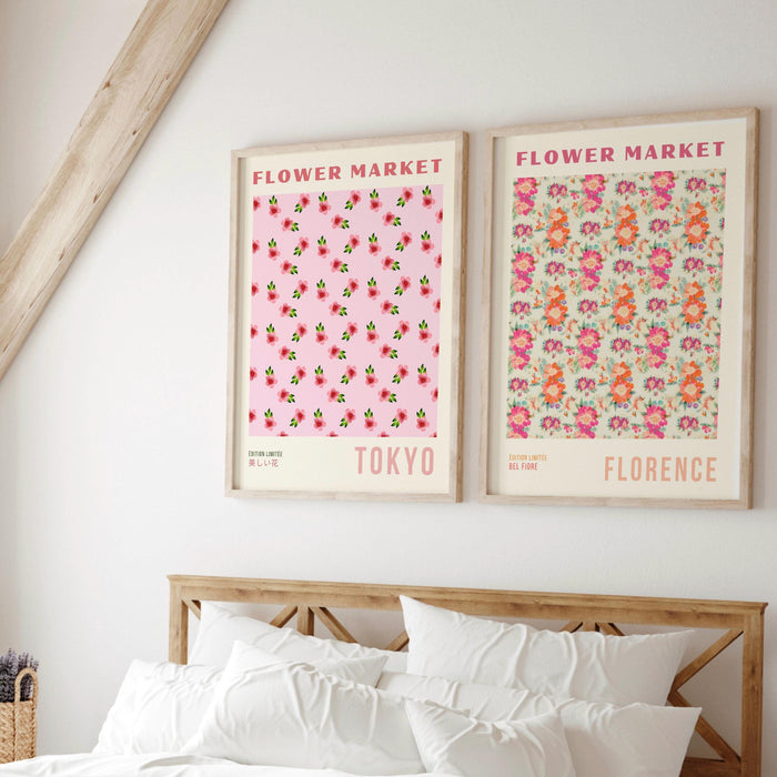 Flower wall art set of 9, trendy retro print, colorful boho poster, floral city decor, bohohome flower prints, digital floral design