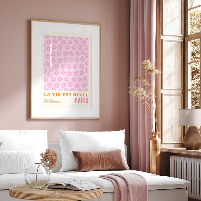 Flower market print, botanical wall art, floral drawing posters, pink paris poster, digital download, 60s flower print, orange pink decor,