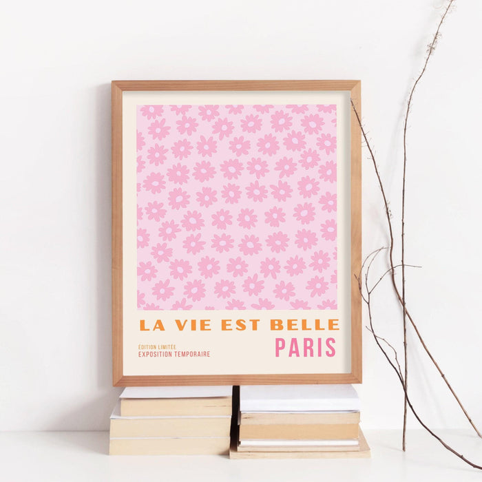 Flower market print, botanical wall art, floral drawing posters, pink paris poster, digital download, 60s flower print, orange pink decor,