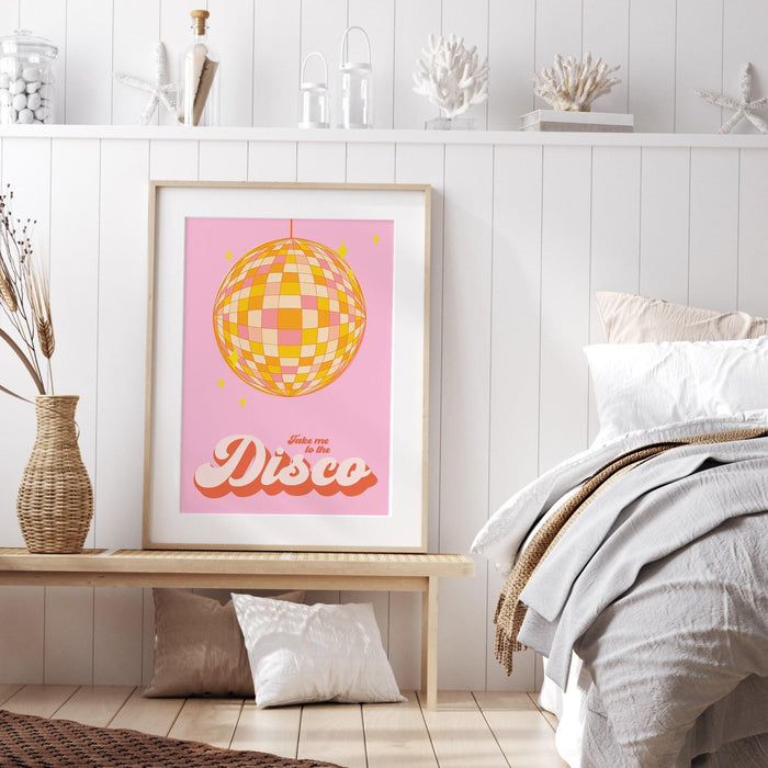 Disco ball wall art, trendy pink and orange print,retro style poster,modern wall art,printable wall art,cute dorm decor,dorm wall art,disco