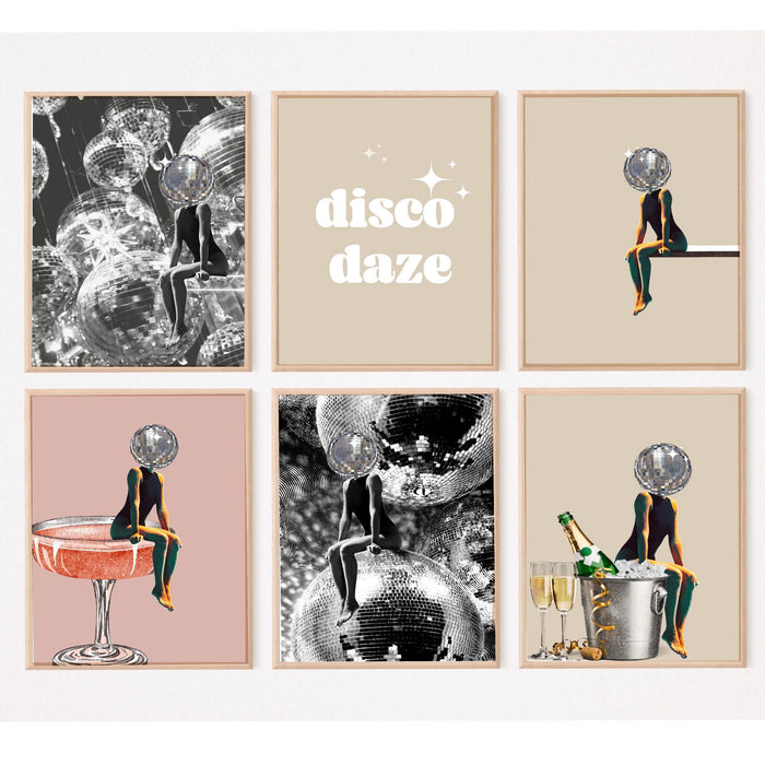 Disco ball head poster, funky disco 70s gallery wall set of 6, digital artwork, luxury mirrorball printable, girly dorm room artt trendy