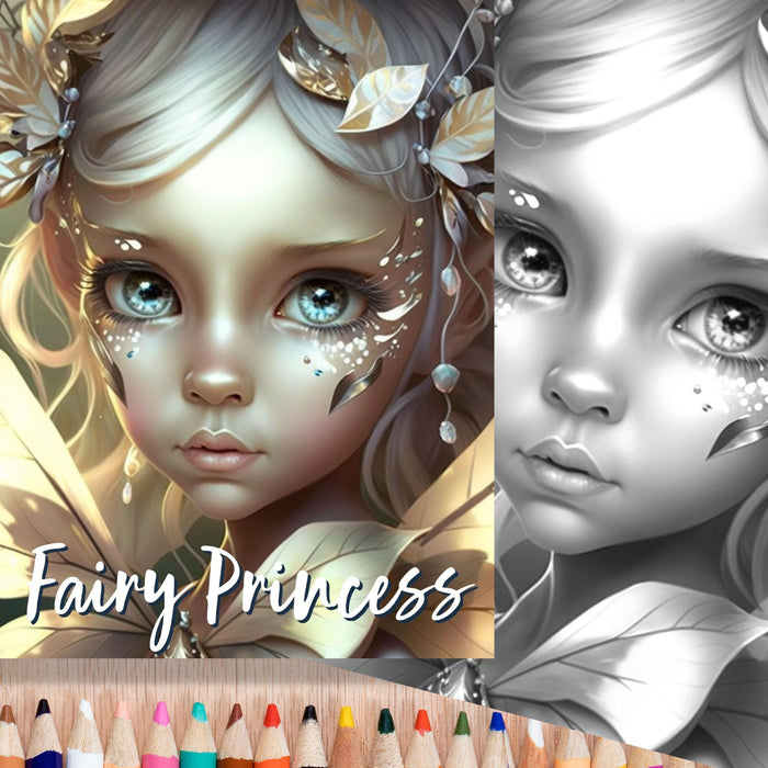 Delicate fairy princess coloringpage | fantasy coloring book, adult + kids, instant download - grayscale coloring page - gift, printable pdf