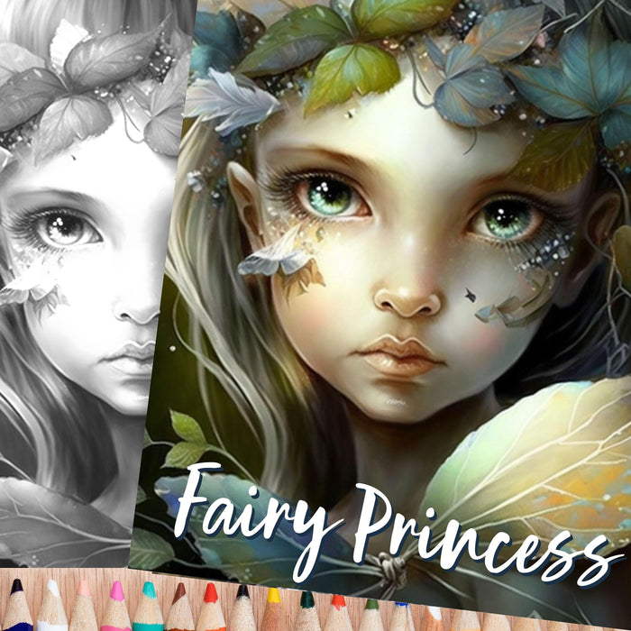 Delicate fairy princess coloringpage | fantasy coloring book, adult + kids, instant download - grayscale coloring page - gift, printable pdf