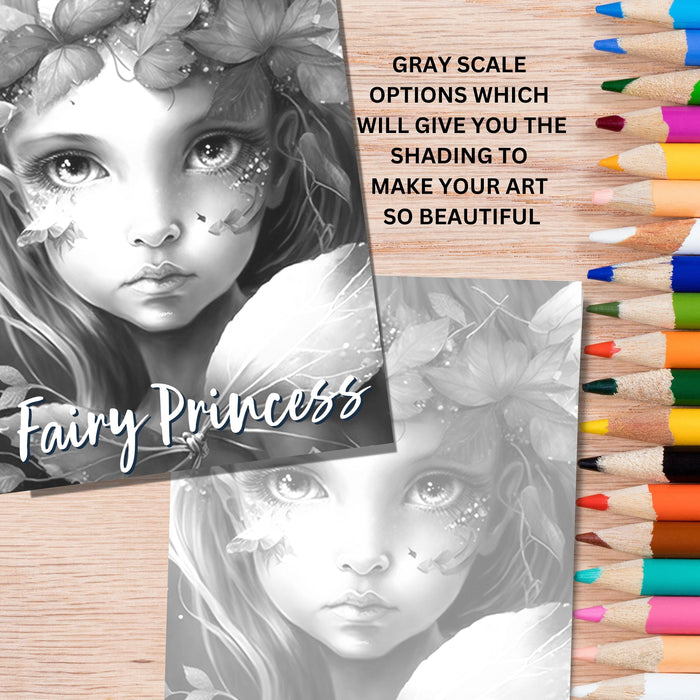 Delicate fairy princess coloringpage | fantasy coloring book, adult + kids, instant download - grayscale coloring page - gift, printable pdf