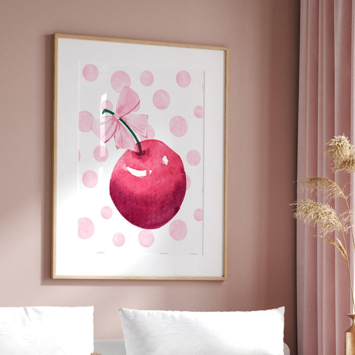Cute cherry wall art print, pink girly poster, coquette pink bow soft girl bedroom decor, trendy wall art, preppy college apartment print