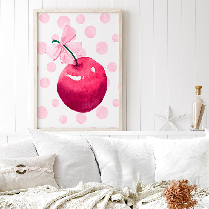 Cute cherry wall art print, pink girly poster, coquette pink bow soft girl bedroom decor, trendy wall art, preppy college apartment print