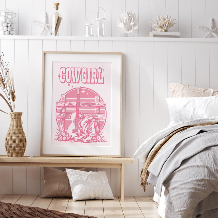 Cowgirl wall decor, pink wall decor,  printable, retro wall decor, 70s poster, cowboy boots, preppy wall art, dorm room decor, pink prints