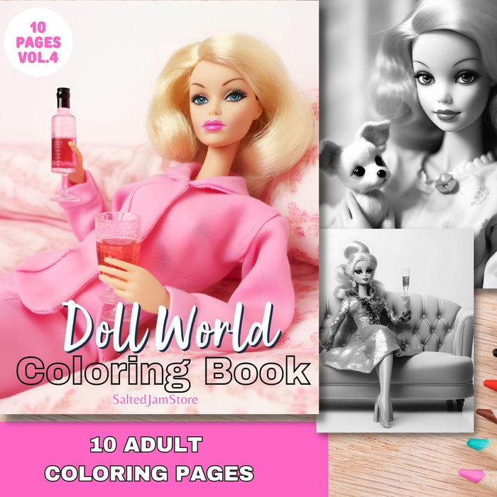 Colouring book pages grayscale, doll world printable adult grayscale, set of 10 printable coloring in pages instant digital download pdf