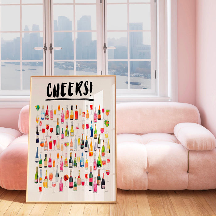 Cheers bar cart art retro trendy watercolor champagne cocktail poster aesthetic girly cute preppy pink prints gift for wine lover 1 print