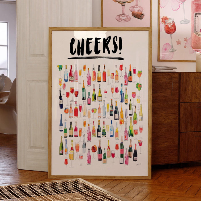 Cheers bar cart art retro trendy watercolor champagne cocktail poster aesthetic girly cute preppy pink prints gift for wine lover 1 print