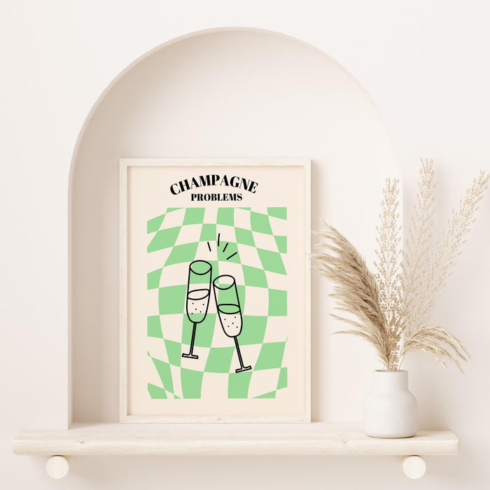 Champagne problems,swiftie gift,funky checkered wavy poster,retro print , retro,disco ball decor,70's preppy poster ,minimalist, green y2k