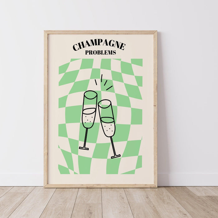 Champagne problems,swiftie gift,funky checkered wavy poster,retro print , retro,disco ball decor,70's preppy poster ,minimalist, green y2k