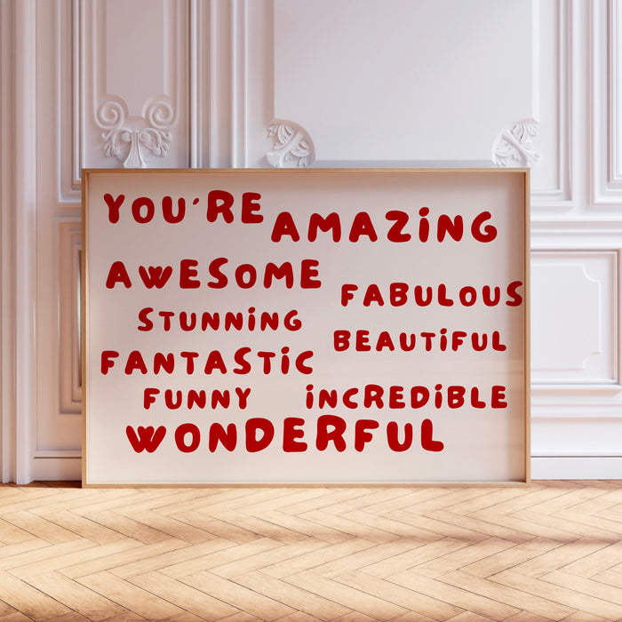 Beautiful amazing red poster positive affirmation wall art neutral digital artwork printable girly dorm room trendy retro digital download
