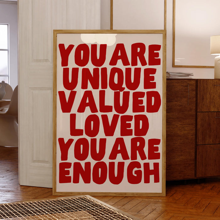 You are unique red poster, funky 70s pink wall art, digital artwork,printable, girly dorm room art trendy retro digital download