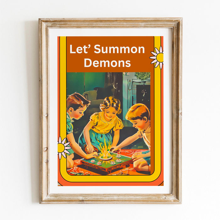 Let's Summon Demons Vintage Halloween Skull Retro Orange Wall Art Print unique fun halloween sarcastic original unique digital art download
