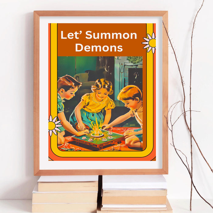 Let's Summon Demons Vintage Halloween Skull Retro Orange Wall Art Print unique fun halloween sarcastic original unique digital art download