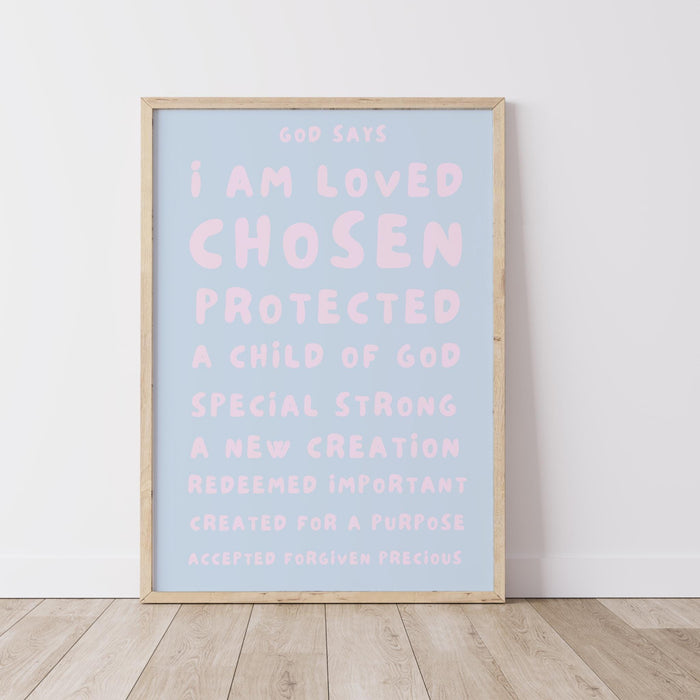 God Says I Am Loved Christian Scripture Gift pale blue blush pink Poster Pink Wall Art Printable Maximalist Christian Dorm Digital Download