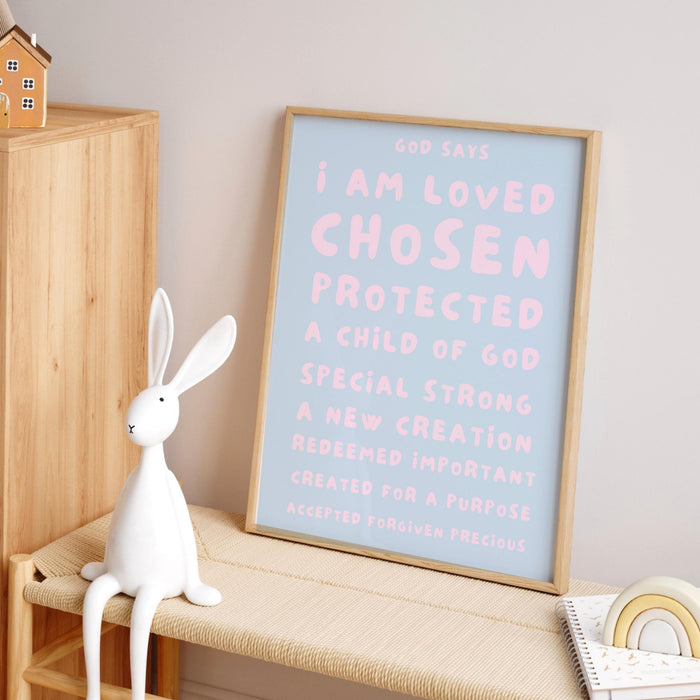 God Says I Am Loved Christian Scripture Gift pale blue blush pink Poster Pink Wall Art Printable Maximalist Christian Dorm Digital Download