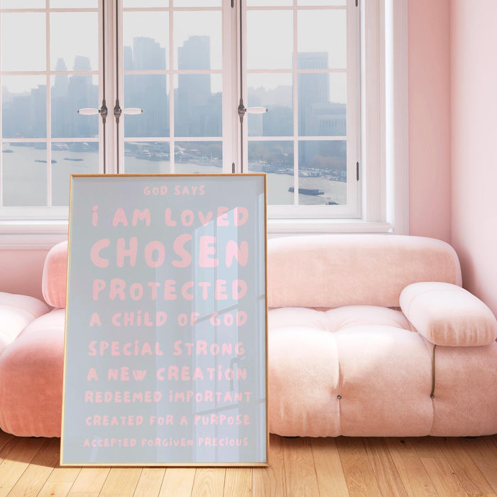 God Says I Am Loved Christian Scripture Gift pale blue blush pink Poster Pink Wall Art Printable Maximalist Christian Dorm Digital Download